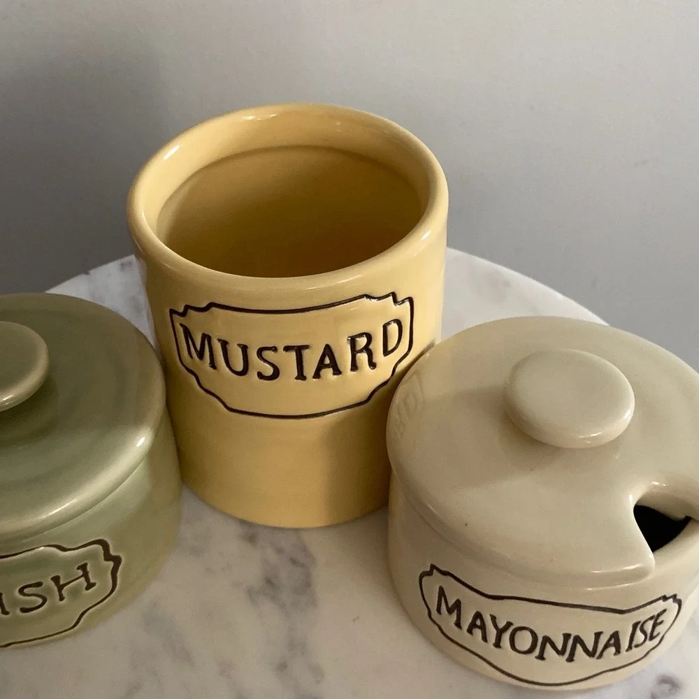 Pottery Barn Ceramic Condiment Set Relish‎ Mustard Mayonnaise Jars 3 Piece Set